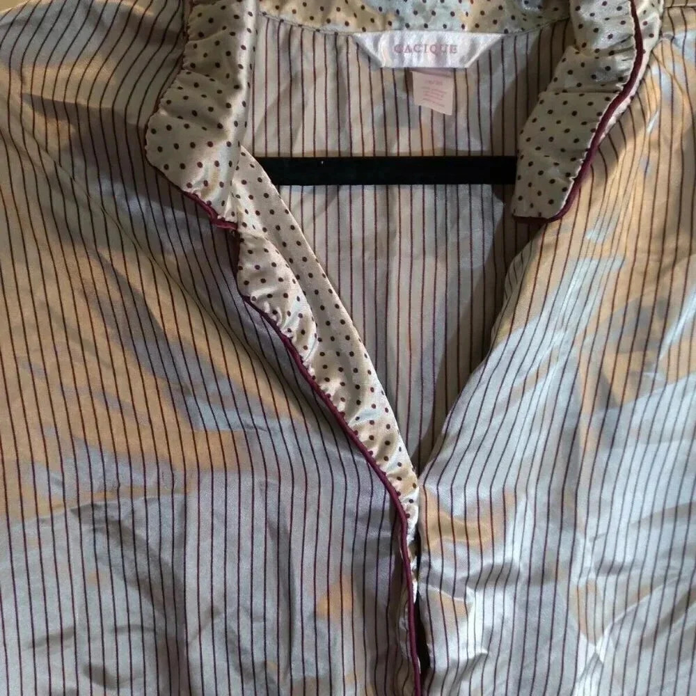 Cacique Women's Pajamas 2Pc Beige Maroon Stripes Sz L Drawstring - Picture 2 of 12